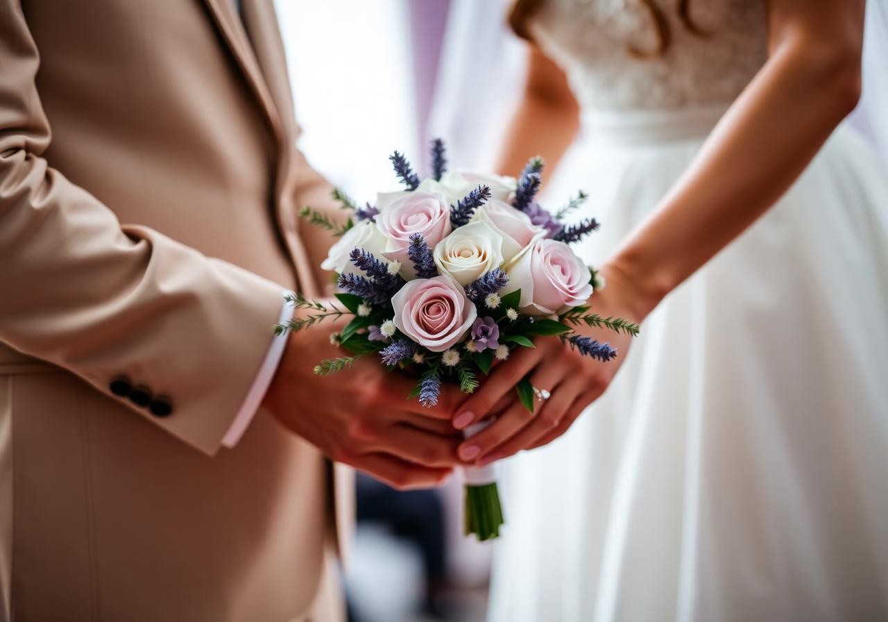 Bouquet de mariée en lavande et roses pâles tenu à quatre mains