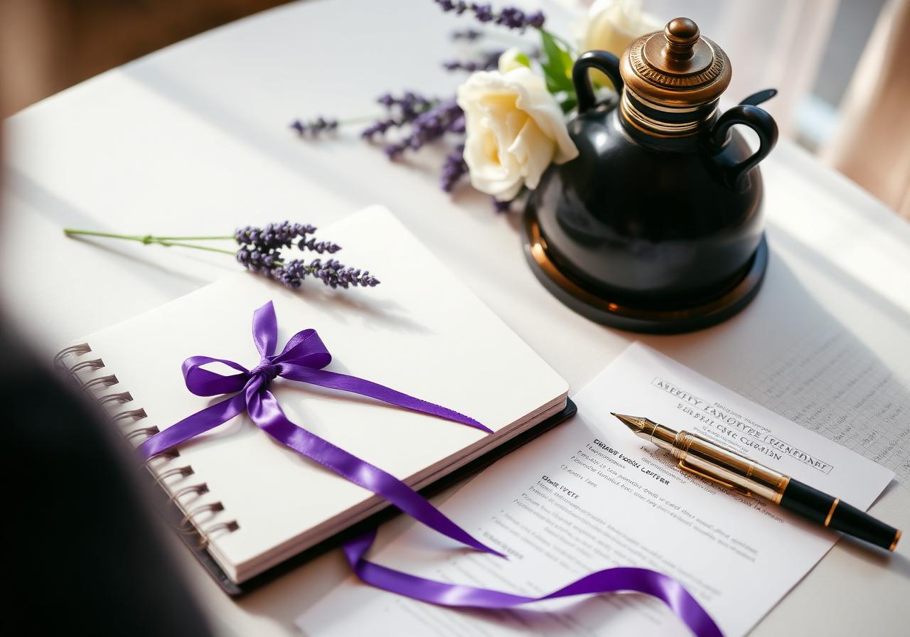 Carnet de notes orné d'un ruban violet et de lavande